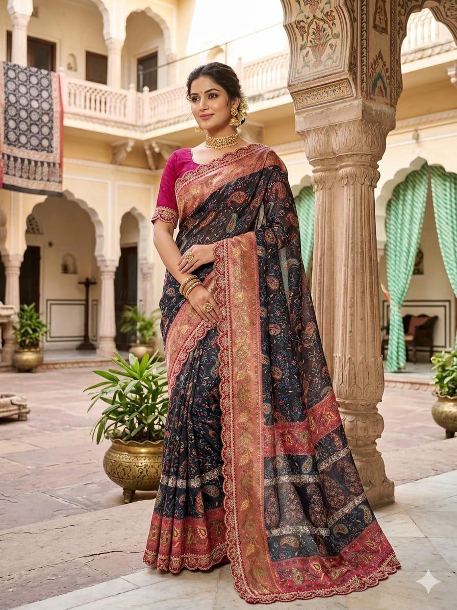 Mustard Yellow and Magenta Dola Banarasi Printed Saree